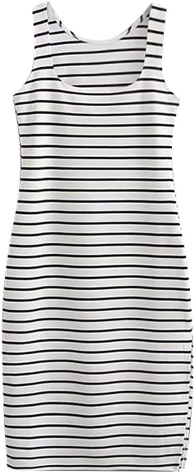 WINNNGOO Women's Summer Sleeveless Vest Mini Dress Stripe Print Slim Split Tank Tops Beach Casual T Shirt Dresses