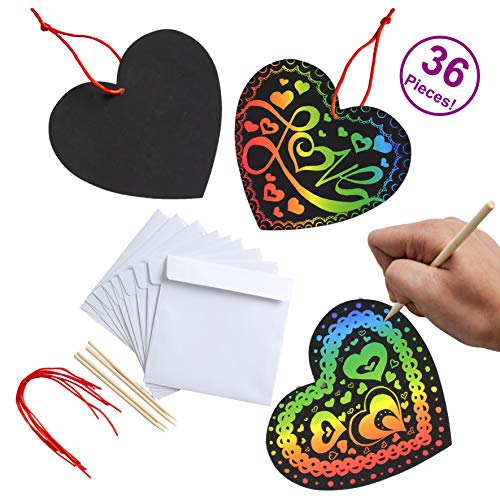 Joyin 36 Packs Valentines Day Gifts Cards for Kids Magic Color Scratch Heart - Valentine Crafts & Art for Kids - Create Rainbow Scratch Art Without Ink
