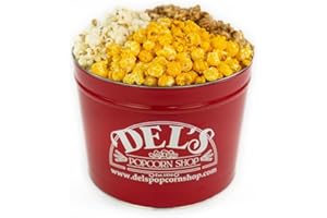 DEL'S POPCORN SHOP 2 Gallon Popcorn Tin Gift - 3 Kinds (Cheese/Caramel/Salt & Butter) Gourmet Popcorn Gift Tin - Popcorn Gift Set