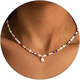 Turandoss Colorful Beaded Necklaces for Women Girls - Dainty 14K Gold Plated Beaded Choker Necklaces Colorful Gemstone Necklace Boho Heart Pearl Cherry Pendant Necklace for Women Girls Christmas Gifts