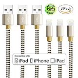 Aonear iPhone Cable,3Pack 6FT Extra Long Nylon Braided Cord Lightning Cable to USB Charging Charger for iPhone 7/7 Plus/ 6/6S/ 6/6S Plus/ 5/5S/SE/5C,iPad,iPod Nano 7 (Gold Black,3Pack 6FT)