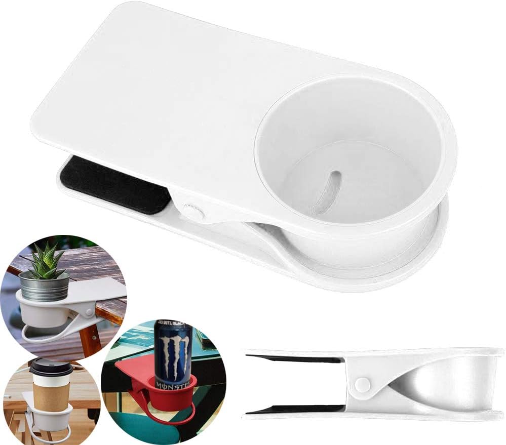 Table Edge Cup Holder Clip, METANIC Desk Side Bottle Cup Stand Holder Clip, Home Office Desk Table Edge Coffee Cup Rack Holder, Table Edge Plant Stand Holder, Cup Hole Diameter 3.3 inch/ 8.3cm (White)