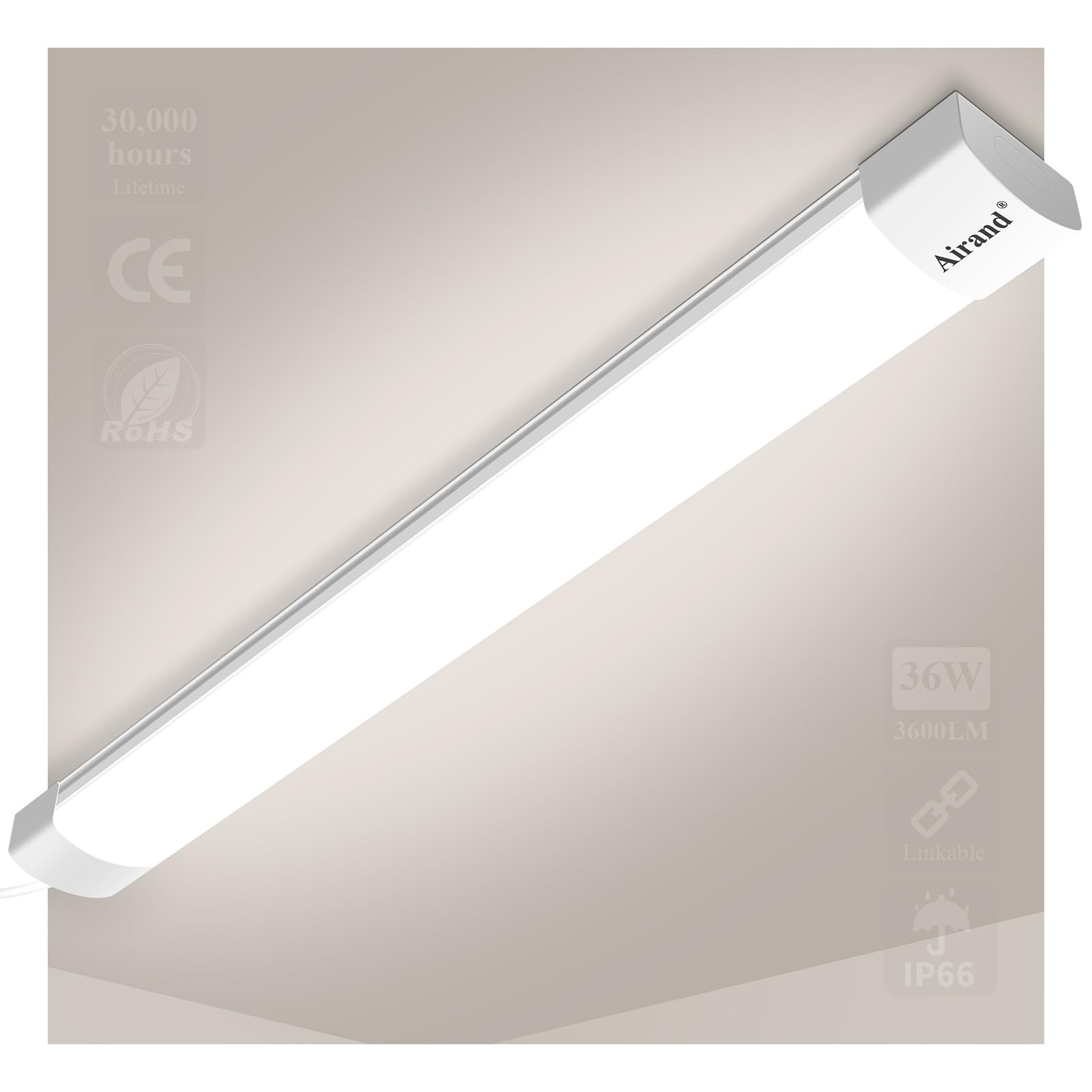 Airand Linkable LED Tube Light Batten Light 4FT 36W 3600LM Ceiling Light for Garage Office Cellar Shop Basement School Bathroom Restaurant Hotel Hostipatal,Ideal Indoor or Outdoor,120CM Natural White