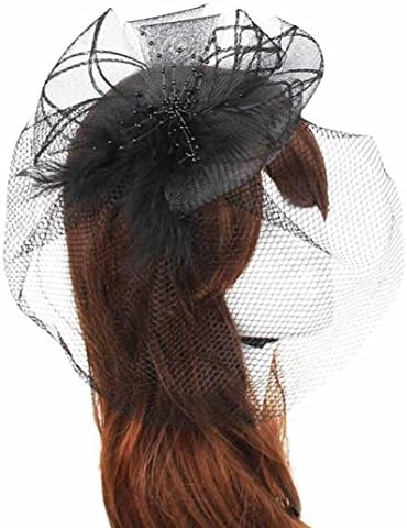 Sinamay Feather Fascinators Womens Pillbox Flower Derby Hat for Cocktail Ball Wedding Church Tea Party (Black A)