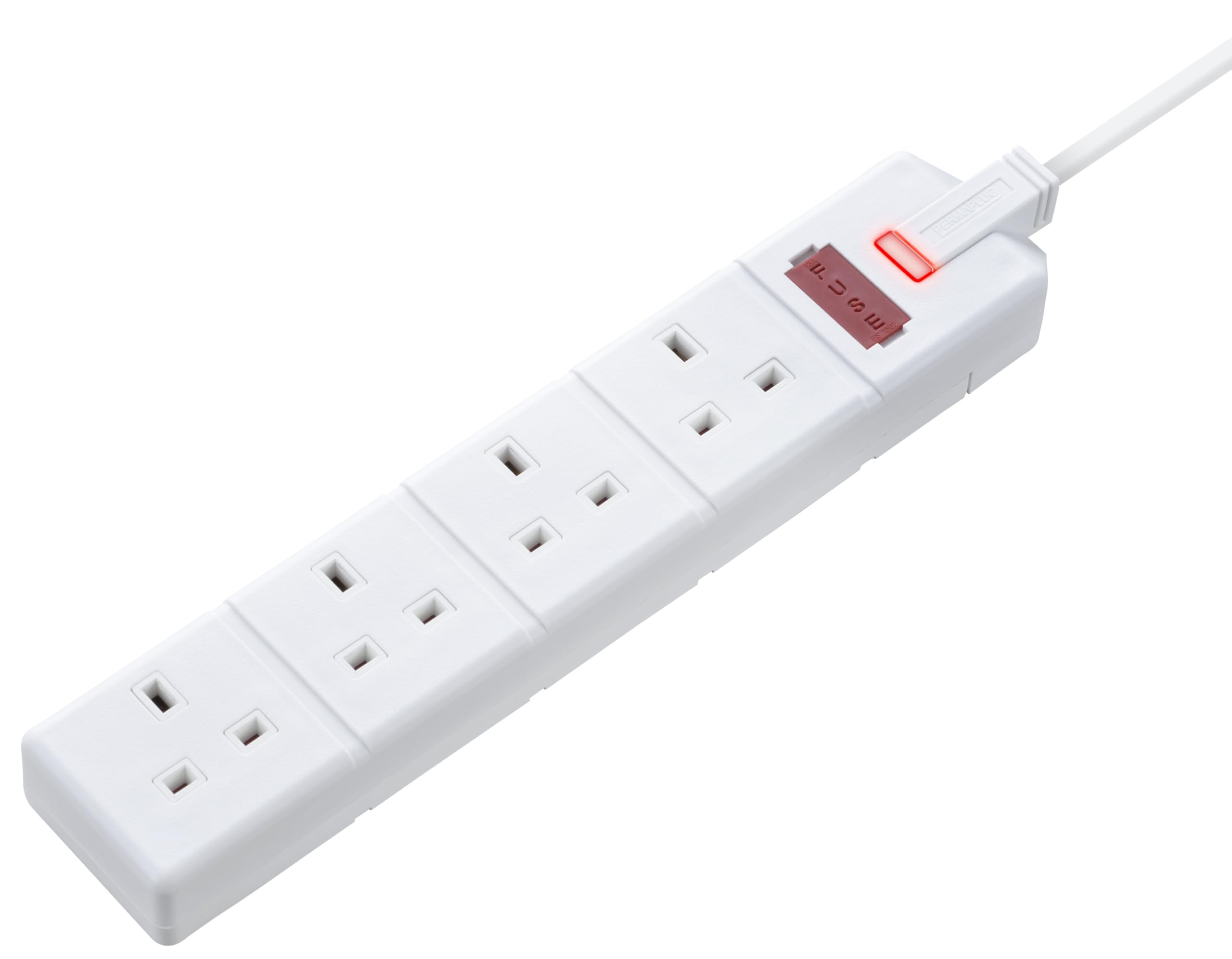 Masterplug Four Socket Extension Lead, 2 Metre Cable, LED Power Indicator, Unswitched, Heavy Duty, Rewireable, Power Strip, Work Power, Permaplug, White, 13A, 4G, 2m, EXS1342B