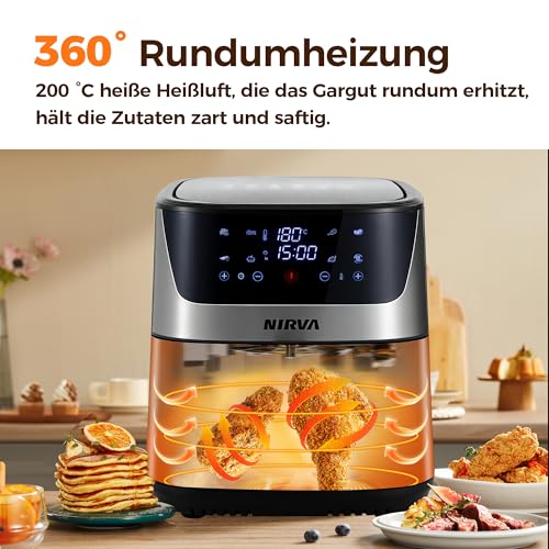 Nirva Hot Air Fryer 8.5 L, Oil-Free, 1700 W Large Airfryer, Roasting, Baking, Air Fry, Non-Stick Coating, Dishwasher Safe Basket, Viewing Window, Black/Stainless Steel, For Individuals or Families