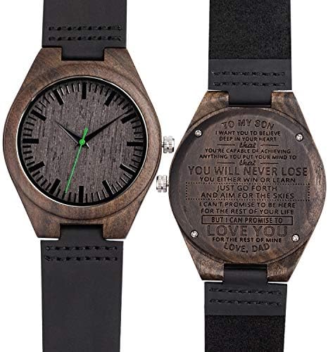 UWOOD Men Leather Watches Wooden Fashion Casual Dress Engraved Gift for Husband Dad Mon Watch Wood Bamboo (ME1006Black Dad-Son Never Lost)