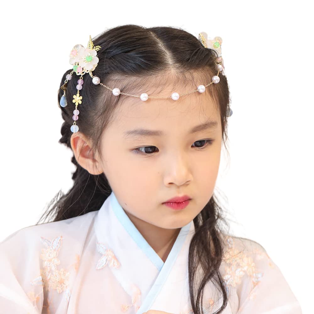 Photo 1 of Cntqiang Chinese Style Children's Tassel Forehead Head Chain Sweet Retro Flower Hairpin Princess Hanfu Accessories Hair Clips Headband for Girls