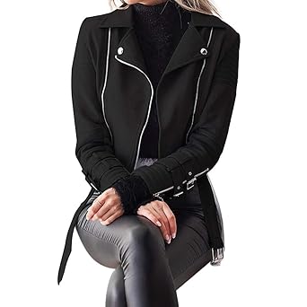 Geili Damen Lederjacke Bikerjacke Kunstleder Mit Reverskragen Frauen Coole V Ausschnitt Reißverschluss Jacke Klassische Geste