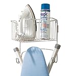 mDesign Ironing Board Holder with Storage Basket for Clothing Iron - Wall Mount, Chrome