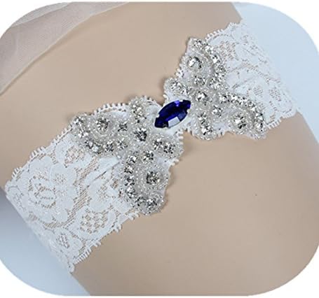 VEPYCLY Wedding Lace Garter Set With Blink Rhinestone Add Navy Blue Crystal(Yellow Bubble Bag Packing) XXXL