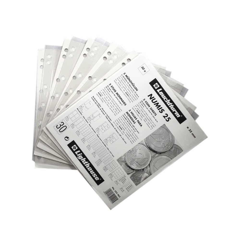 Leuchtturm 323463 Coin Sleeves Numis 25, 30 Compartments for Coins up to Ø 25 mm - 1 Euro, US Quarters, 20 Cent, 1 SFR - Pack of 5