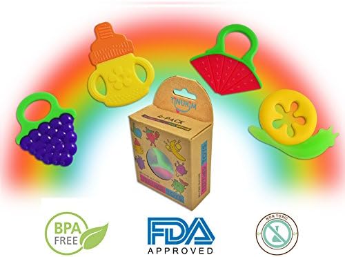 Tinukim Soothing Baby Teething toys - Baby Infant and Toddler Teethers, Best for Sore Gums Pain Relief, Freezer Safe, Set of 4 Silicone BPA Free Teethers
