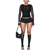 REASERAL Womens Sexy 4 Piece Outfit Long Sleeve See Througe Vest Crop Top Solid Color Mini Shorts Sexy Club Party Sets