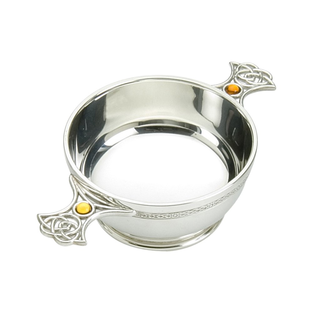 Edwin Blyde & Co Quaich with Ornate Wire and Glass Topaz Stone in Celtic Weave handles, 4 inch, Pewter, 18 x 12 x 6 cm