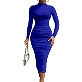 LAGSHIAN Women's Cocktail Bodycon Long Sleeve Mock Neck Mesh Ruched Midi Party Dress