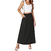 NILOUFO Womens Maxi Skirts High Waisted Adjustable Elastic Waist with Pockets Beach Flowy Casual Long Skirt