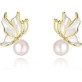 Vinoya Butterfly Earrings 925 Sterling Silver Pearl Earrings for Women Yellow Gold Plated Stud Earring Jewelry