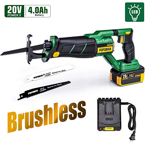 Brushless Reciprocating Saw, POPOMAN 20V 4.0Ah Cordless Saw with LED, 1-1/8" Stroke Length, 0-2500 SPM, 4.0Ah Battery, Fast Charger, 2 Blades for Wood and Metal Cutting - MTW200B - Thumbnail 7