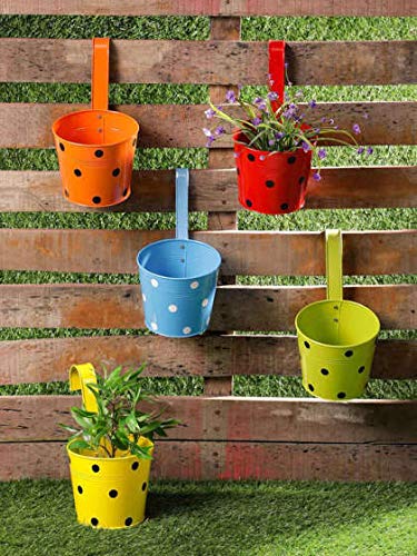 Decorations Cart Dotted Metal Mug Flower Pot Anti Rust Coating for Hanging in Balcony Plants Garden Decor (Pack of 3) Multicolor