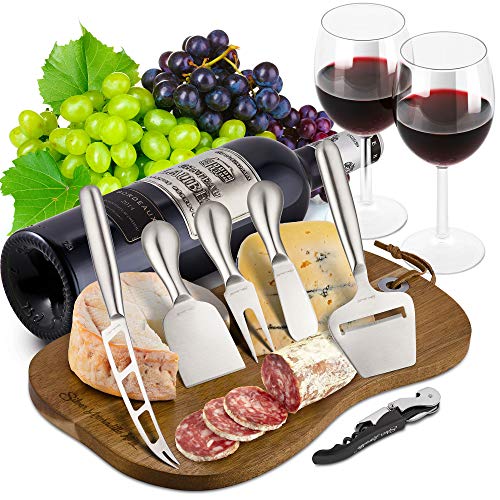 Cheese Board Serving Set, Wooden Charcuterie Platter and Serving Meat Board - 100% Acacia Hardwood Platter with Stainless Steel Cutlery - 3 Cheese Knives, Cheese Fork, Cheese Slicer. Bonus Corkscrew. - Thumbnail 7