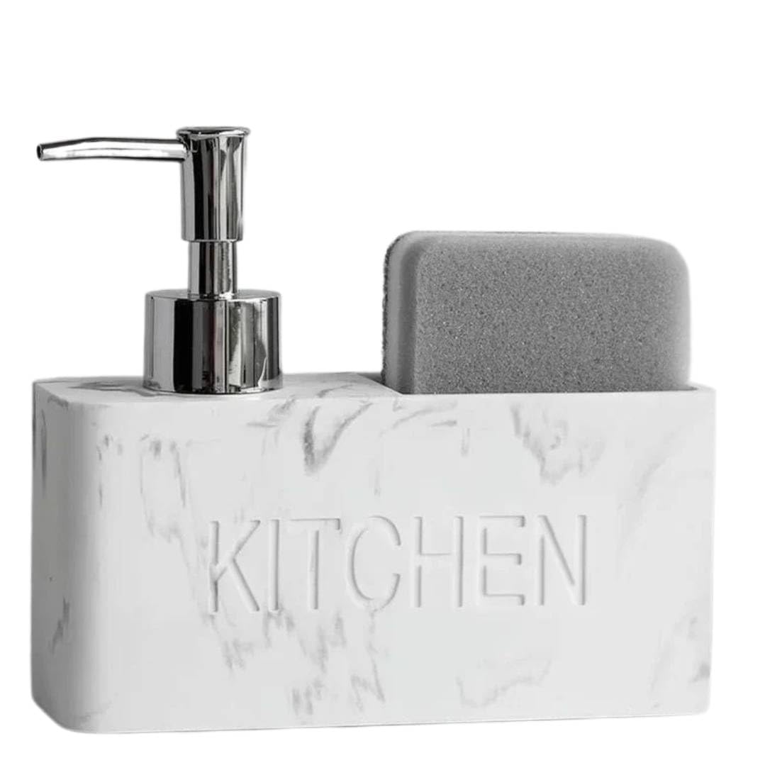 Premium Dish Soap Dispenser, Elegant Hand Wash, Washing Up Liquid Dispenser, Sink Soap and Sponge Caddy, 2 in 1 Organizer for Kitchen Sink (Marblin)