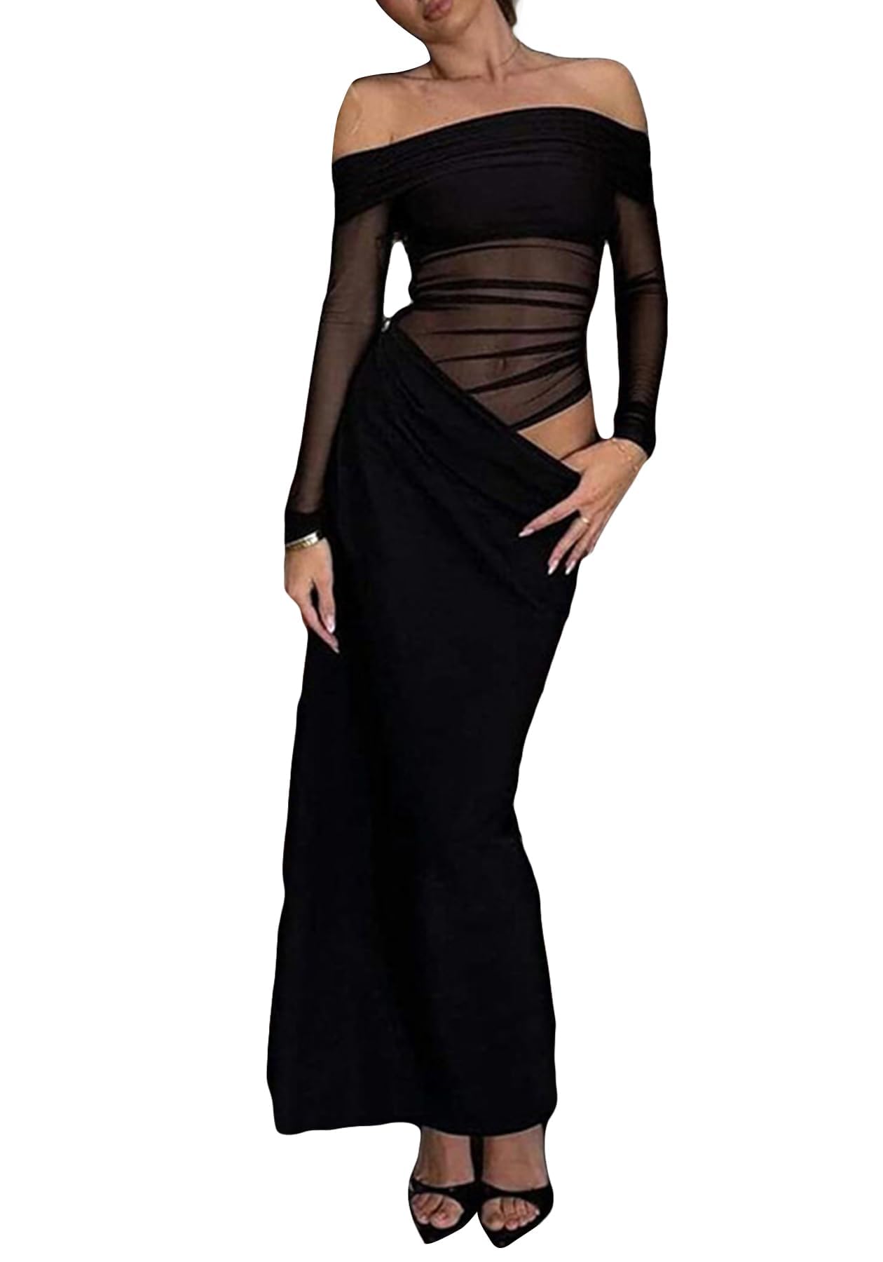 Ruched Mesh Cut-Out Maxi Dress for Formal Evenings - Barely There Glamour main image 1