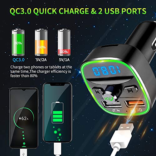 ZEXMTE Bluetooth FM Transmitter for Car QC 3.0 Wireless Bluetooth FM Audio Transmitter Adapter with Hands-Free Calling,Support USB Disk, Universal Bluetooth Transmitter Car kit