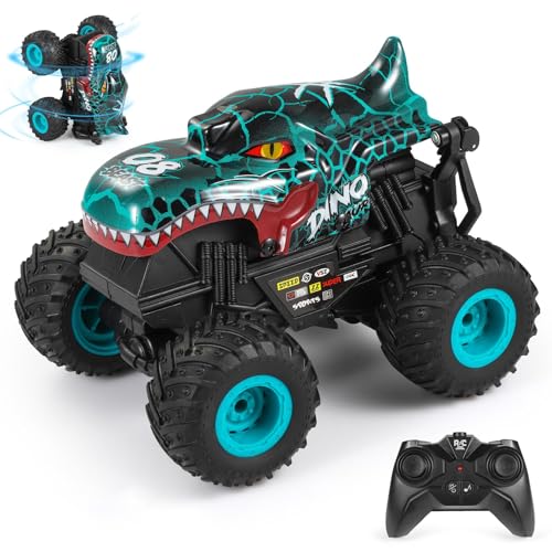 Uniiking® Remote Control Monster Car, 2.4Ghz All Terrain Dinosaur Monster Truck Toys, RC Truck with Music, 3 Lighting Effects, 360 Stunt Capable, Toy Gifts for Boys and Girls (Cyan)