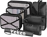 Veken 7 Set Packing Cubes, Travel Organizers Accessories with Laundry Bag & Shoe Bag, Black, XL-Large, Large, Medium, Small