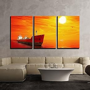 3 Piece Canvas Wall Art - Silhouette of The Tanker Ship on Red Sunrise. - Modern Home Art Stretched and Framed Ready to Hang - 16"x24"x3 Panels