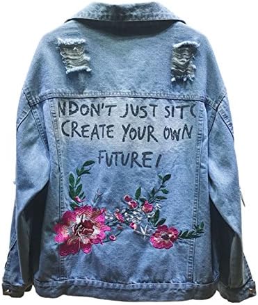 Women Letter Printing Denim Jacket Embroidered Floral Coat (L, Blue)