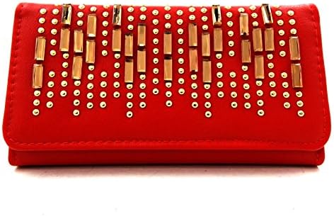Rhinestone Stud Embellished Trifold Wallet Red