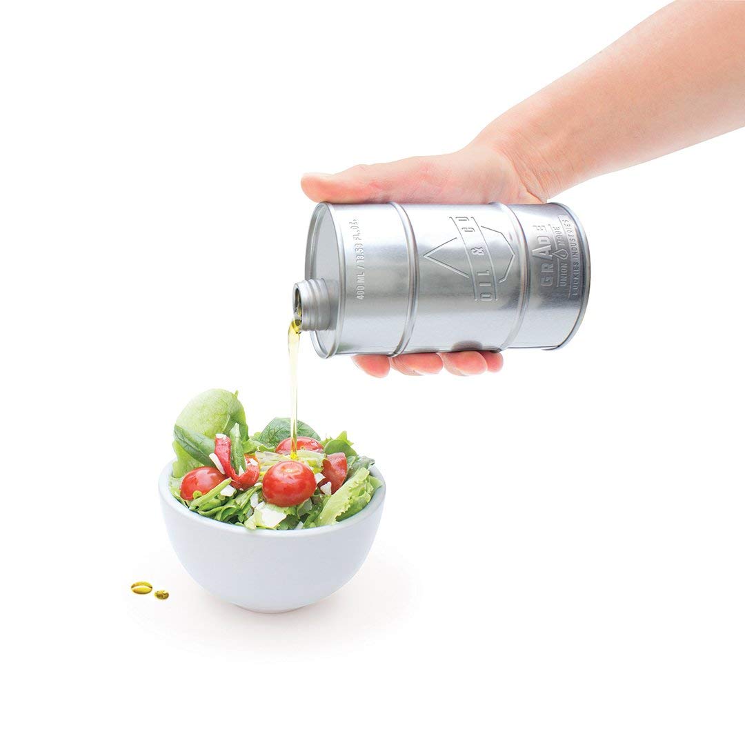 Luckies Oil & Co Olive Oil Dispenser, Food Grade Cooking Oil Container - Fun Metal Tin Can - Decorative Kitchen Oil Storage Canister - 400 ml, Silver