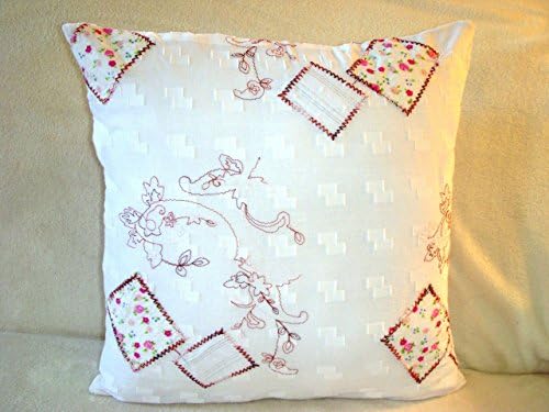 White Pillow Cover Embroidery Red Pink Yellow Green Floral Flowers Patchwork Shabby Chic Romantic Cotton Zipper
