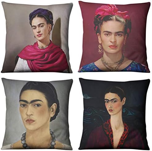 Joyi 4 Pack Frida Kahlo Self-Portrait Cotton Linen Throw Pillow Case Car Cushion Cover 18"x18",Pattern 9
