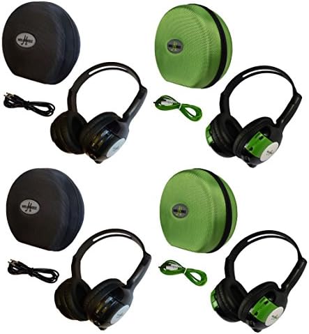 4 Pack Kid Sized Wireless Infrared Universal Car DVD IR Automotive Colored Adjustable 2 Channel Headphones With Case and 3.5mm Auxiliary Cord
