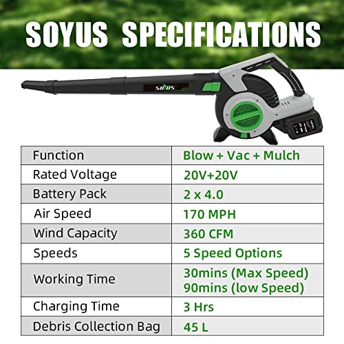 Cordless Leaf Blower&Vacuum SOYUS 3in1 Leaf Vacuum Mulcher 40V 360CFM 5