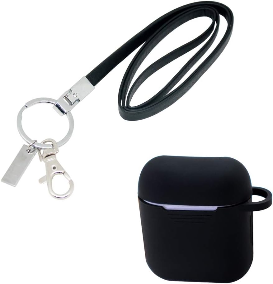 Office Lanyard and AirPod Case Set, Boshiho PU Leather Necklace Lanyard for ID Badge Holder/Keys/USB; Silicone Case Protective Cover for Apple AirPods (Lanyard w Case Black)