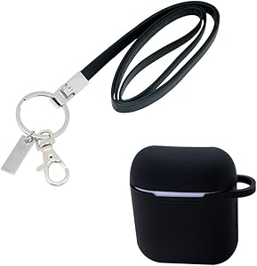 Office Lanyard and AirPod Case Set, Boshiho PU Leather Necklace Lanyard for ID Badge Holder/Keys/USB; Silicone Case Protective Cover for Apple AirPods (Lanyard w Case Black)