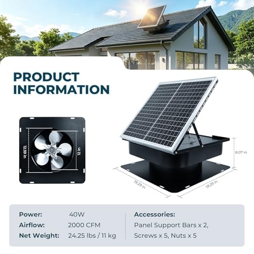 DuskSnug 40W Solar Attic Fan, 12 Inch 2000 CFM Solar Powered Roof Exhaust Fan, Controller-Free Auto Ventilation, Heavy-Duty Copper Motor Weatherproof Vent for Home, Garage, Greenhouse, Shed