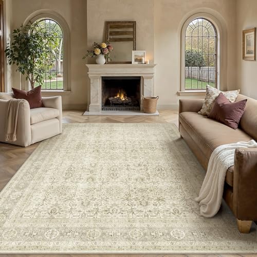 HUGEAR Vintage Beige Waschbarer Teppich Wohnzimmer 200x300cm Retro Rugs for Living Room Weich rutschfest Groß Tepich Kurzflor Schlafzimmer Carpet Livi