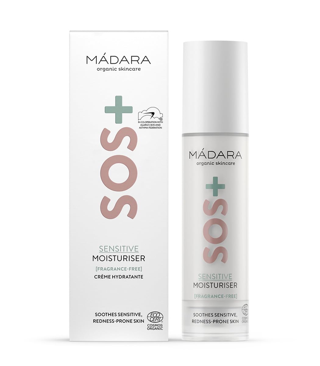 MÁDARA Organic Skincare | SOS+ Sensitive Lightweight Moisturiser, 50ml – For Redness-Prone & Reactive Skin, with Hyaluronic Acid & Red Algae, Fragrance-Free