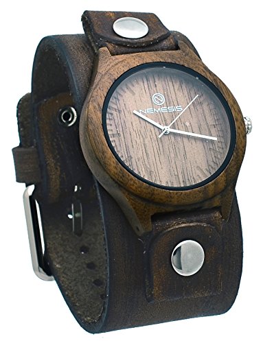 Nemesis #NFBB260B Men's Brown Natural Wood Case Wide Leather Cuff Band Analog Watch