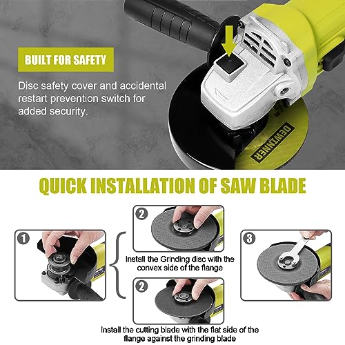 DEWINNER Angle Grinder tool 850W, 12000RPM Grinders Power Tools with Disc 115mm+ 6 Discs & Side Handle & Glove, Adjustable Pin, Cutting Grinding Polishing 220-240 V, Compact Design, Easy Storage