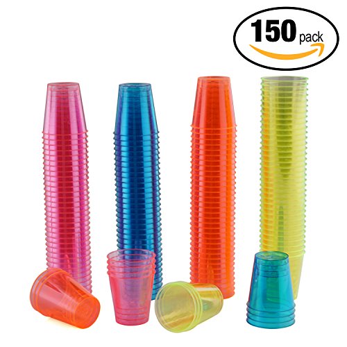 150 Colourful Disposable Neon Shot Glasses, Glow in the Dark Cups, Volume 30ml (1 Ounce) - Size - diameter 3.9 x 4 (H) cm