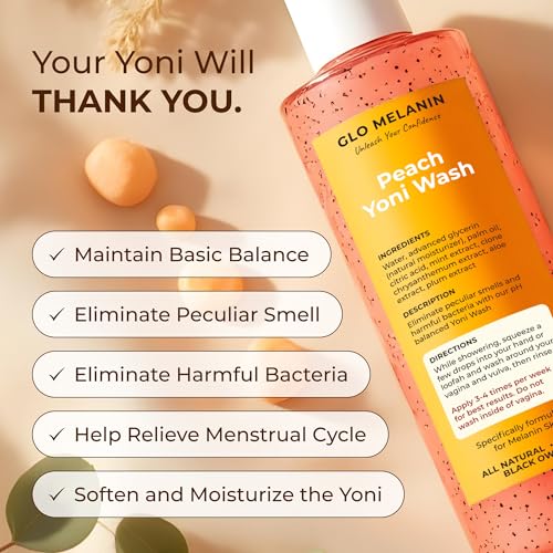 Glo Melanin Peach Yoni Wash with Aloe Vera, All Natural Feminine Wash for Women pH Balance, Hygiene Vagina Wash Soap for Women Sensitive Skin Safe