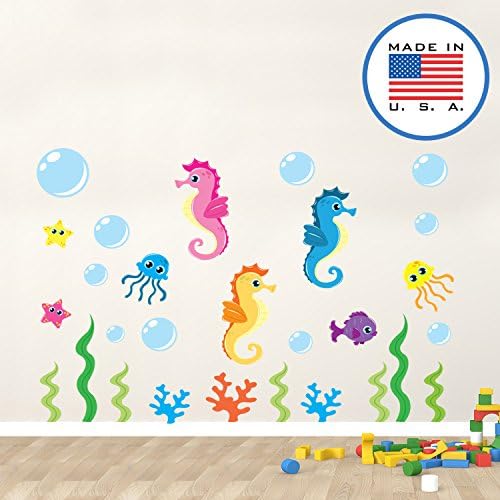 WallClipz Seahorses and Friends FABRIC Wall Decals - Under the Sea Cute Fish Water Ocean Cartoon Stickers, Nursery Removable Decor - Made in the USA, Small