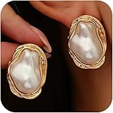Vintage Pearl Statement Gold Stud Earrings for Women Trendy, Dainty Irregular Large Silver Baroque Pearls Earring Unique Prom Party Jewelry Gifts