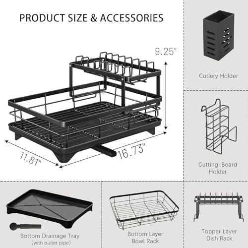 Azonee 2-Tier Dish Drying Rack for Kitchen Counter | Large Capacity Stainless Steel Dish Rack with Drainboard – Detachable Cutlery Holder, Rotatable Drainage | Black Kitchen Organizer for Plates,Bowls